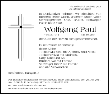 Traueranzeige von Wolfgang Paul von Hersbrucker Zeitung